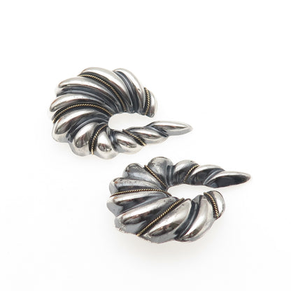 925 Sterling Silver 2-Tone Vintage Mexico Modernist Hook Clip On Earrings