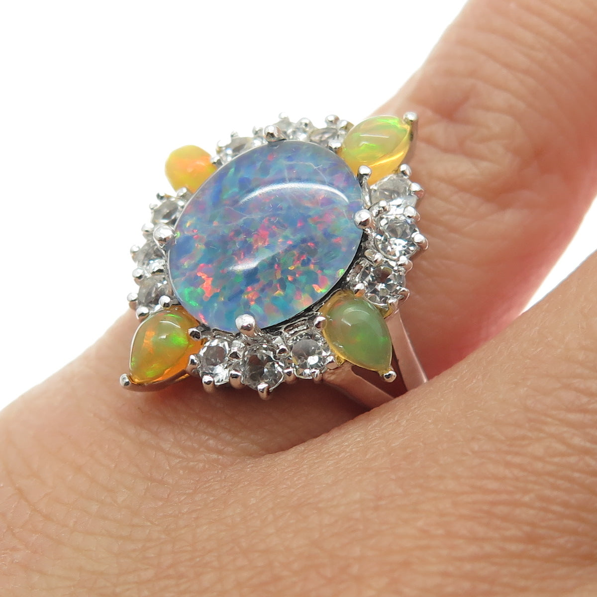 925 Sterling Silver Real Multi-Color Opal & White Topaz Ring Size 5.25