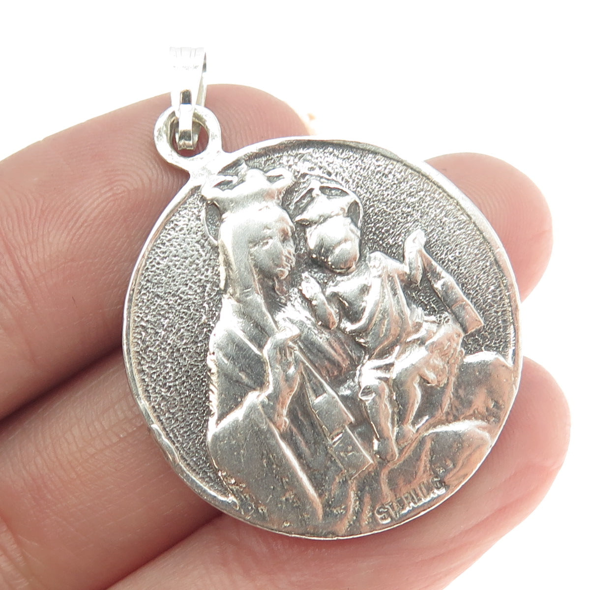 925 Sterling Silver Antique Art Deco Jesus & St. Mary Miraculous Medal Pendant