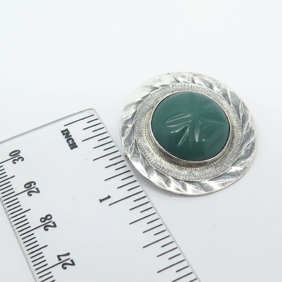 925 Sterling Silver Vintage Mexico Real Green Onyx Gemstone Pin Brooch / Pendant