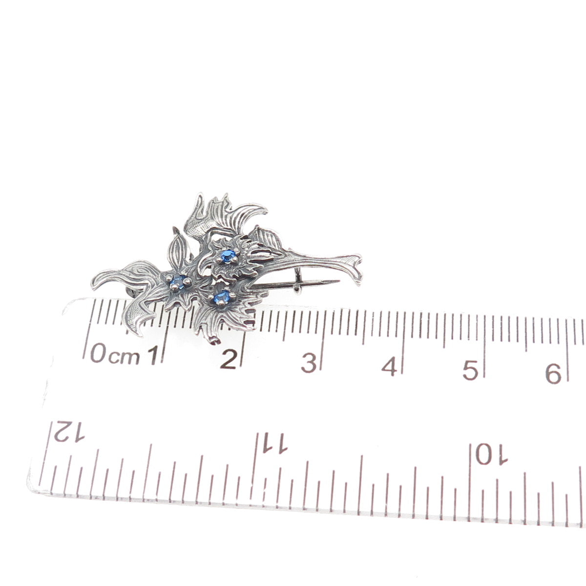 925 Sterling Silver Vintage Poland Blue Rhinestone Flower Oxidized Pin Brooch