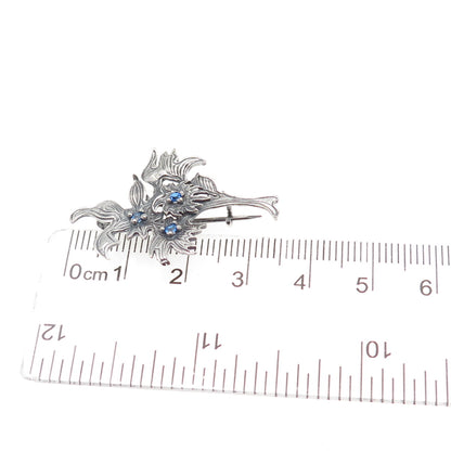 925 Sterling Silver Vintage Poland Blue Rhinestone Flower Oxidized Pin Brooch