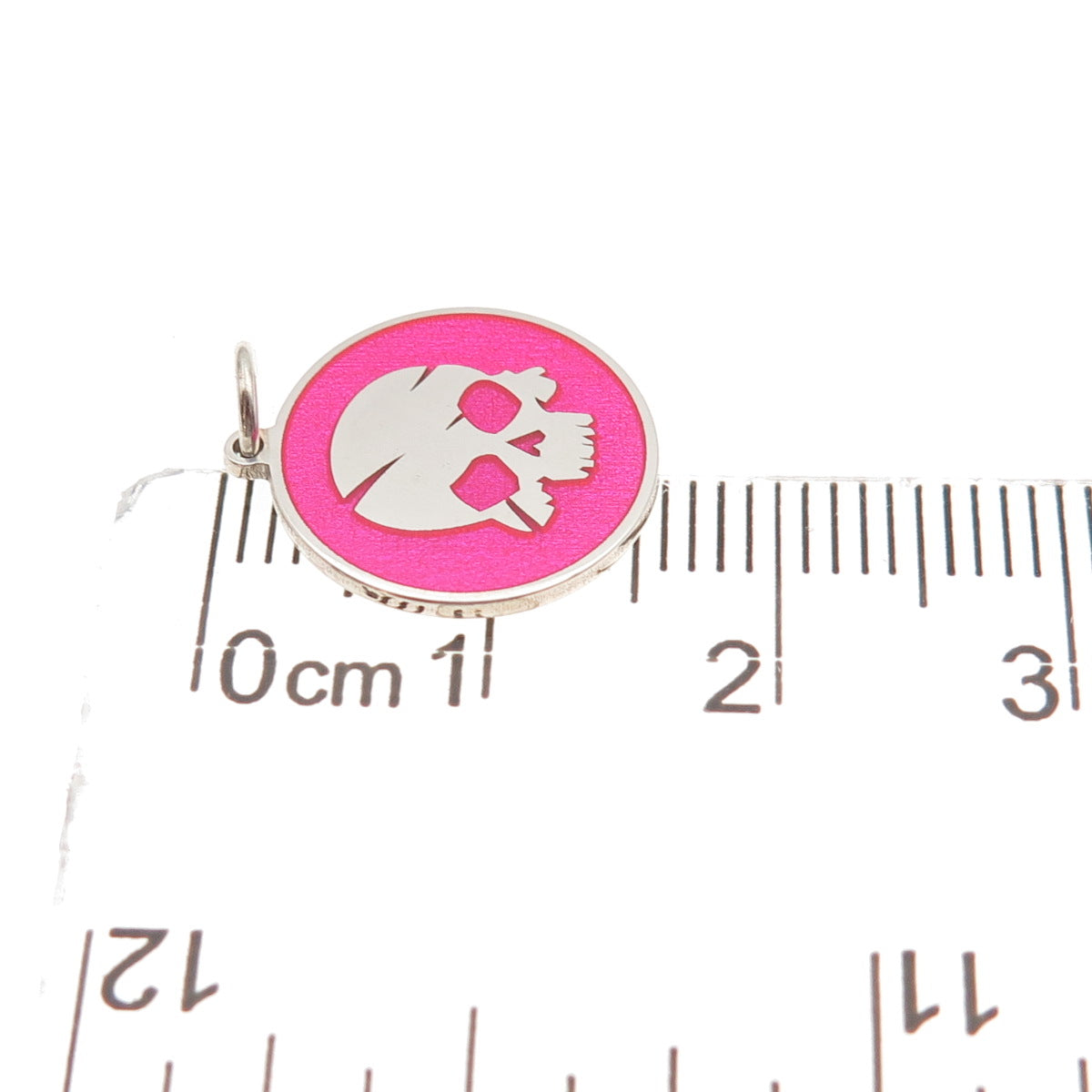 925 Sterling Silver Pink Enamel Skull Round Tag Mini Charm Pendant