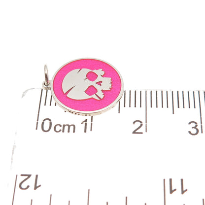 925 Sterling Silver Pink Enamel Skull Round Tag Mini Charm Pendant