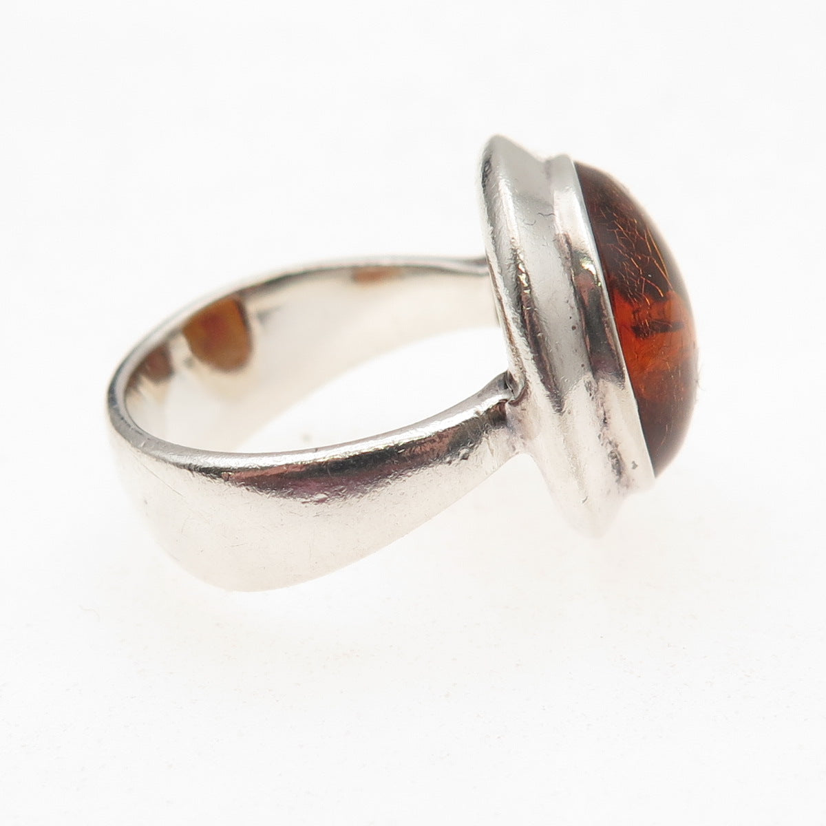 925 Sterling Silver Vintage Real Amber Modernist Oxidized Ring Size 6