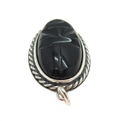 925 Sterling Silver Vintage Real Carved Black Onyx Gemstone Tribal Face Pendant