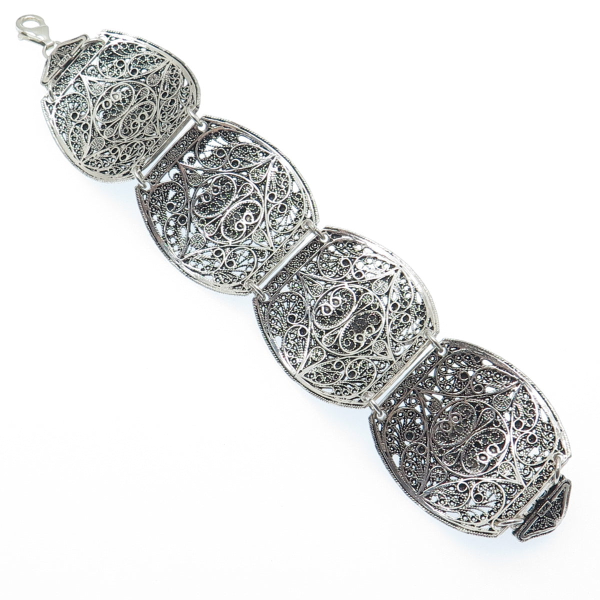 925 Sterling Silver Vintage Real Eilat Filigree Panel Link Oxidized Bracelet 7"