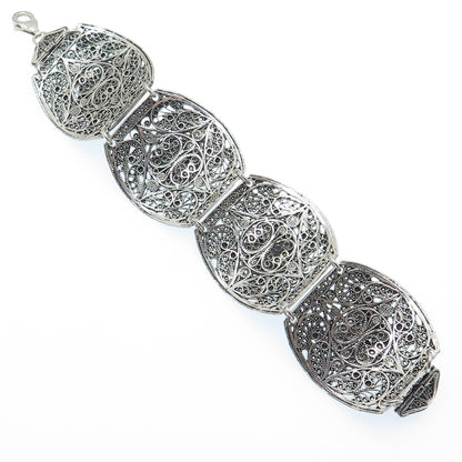 925 Sterling Silver Vintage Real Eilat Filigree Panel Link Oxidized Bracelet 7"