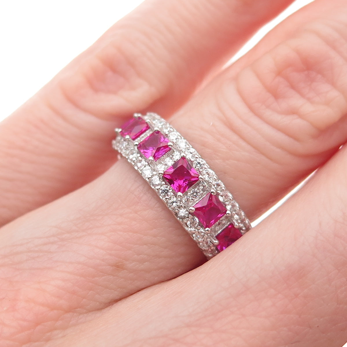 925 Sterling Silver Lab-Created Ruby & C Z Band Ring Size 5.25