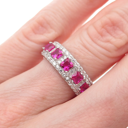 925 Sterling Silver Lab-Created Ruby & C Z Band Ring Size 5.25