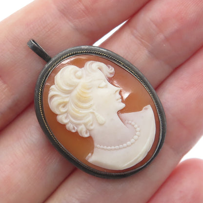 800 Silver 2-Tone Antique Cameo Victorian Lady Oxidized Pendant