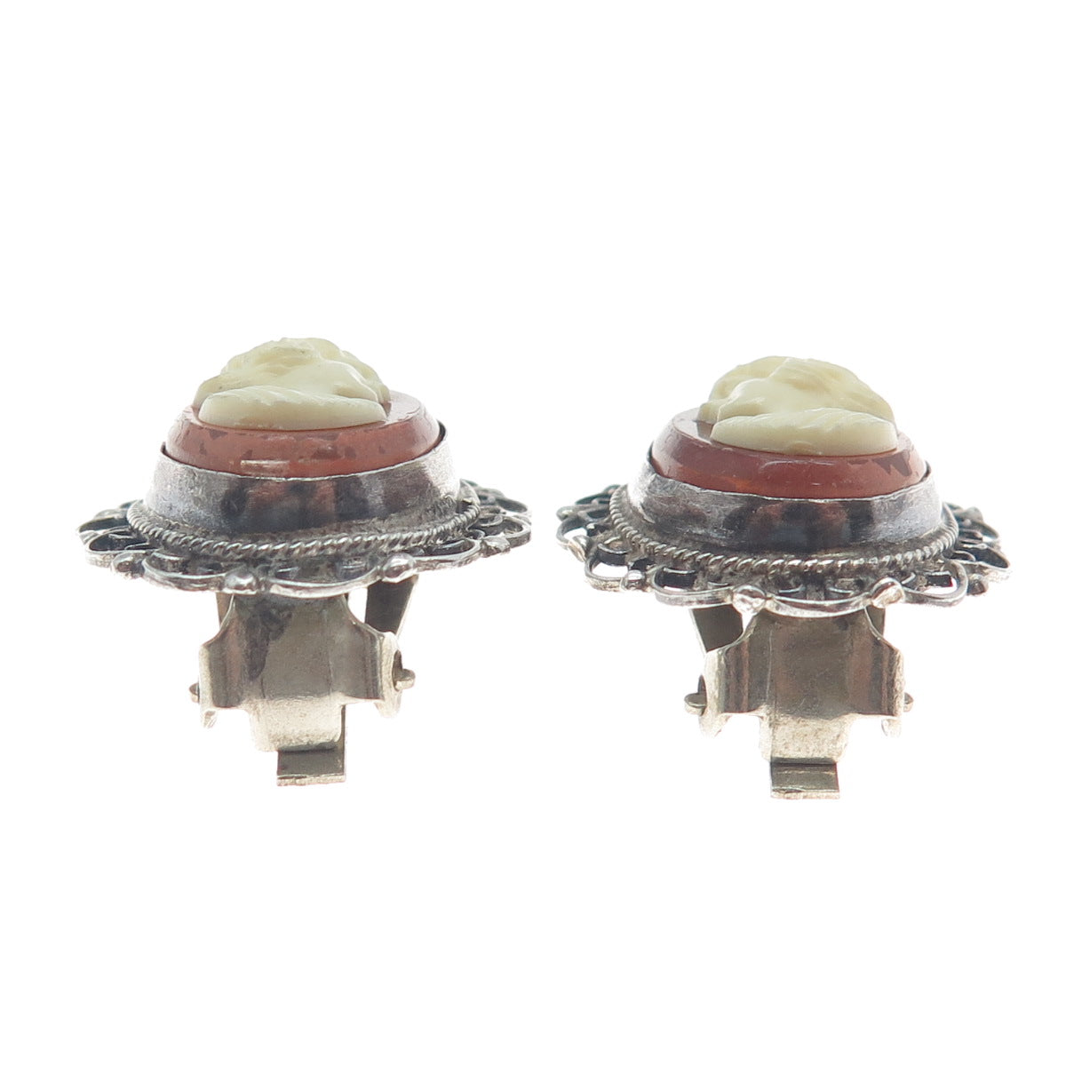 925 Sterling Silver Vintage Mexico Guadalajara Cameo Victorian Lady Earrings