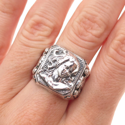 925 Sterling Silver Antique Art Nouveau Lady Oxidized Ring Size 8.75