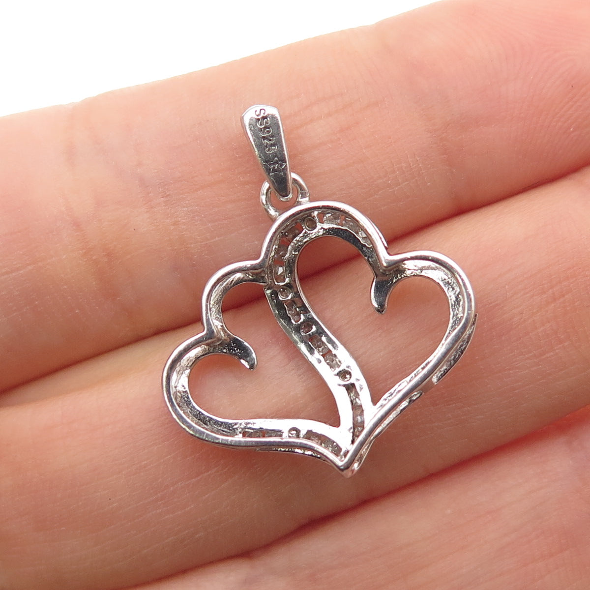 925 Sterling Silver Real Round-Cut Diamond Couple Heart Mini Charm Pendant