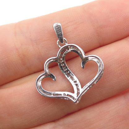 925 Sterling Silver Real Round-Cut Diamond Couple Heart Mini Charm Pendant