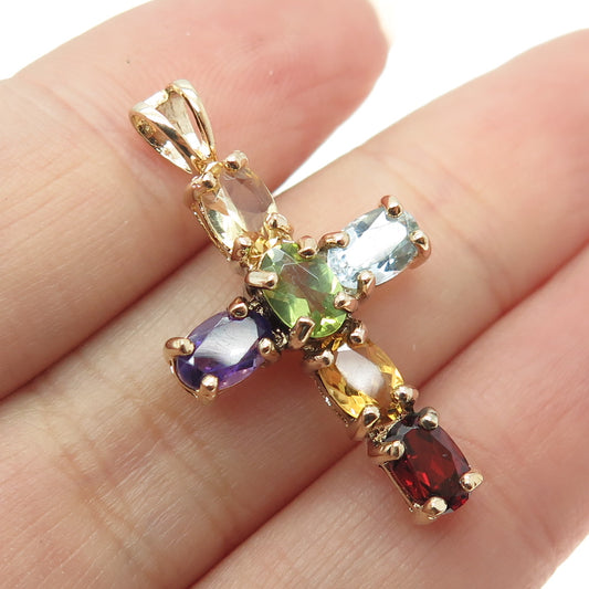 925 Sterling Silver Gold Plated Amethyst Peridot Garnet Topaz Cross Pendant