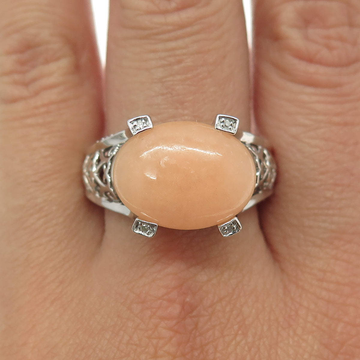 925 Sterling Silver Real Round-Cut Diamond & Peach Jade Heart Ring Size 11