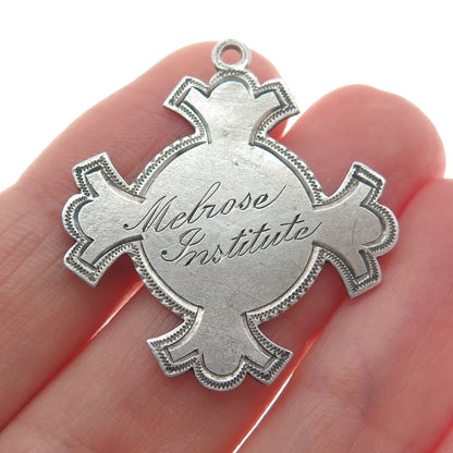 925 Sterling Silver Antique "Melrose Institute" Cross Religious Pendant