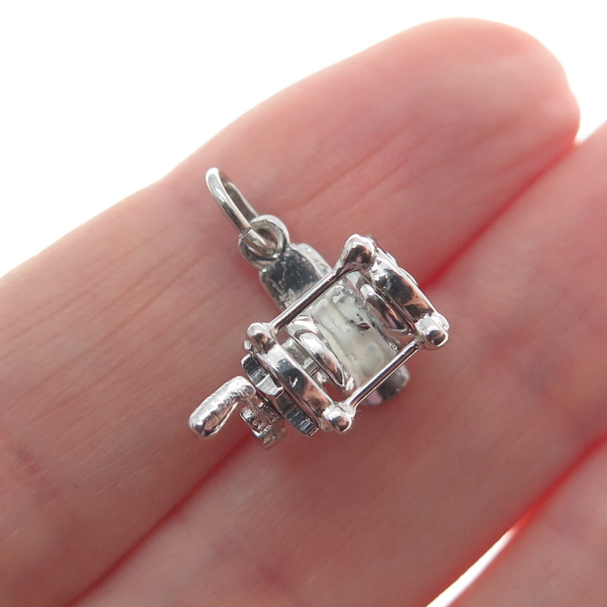 925 Sterling Silver Antique Enamel Spinning Reel 3D Minimalist Charm Pendant