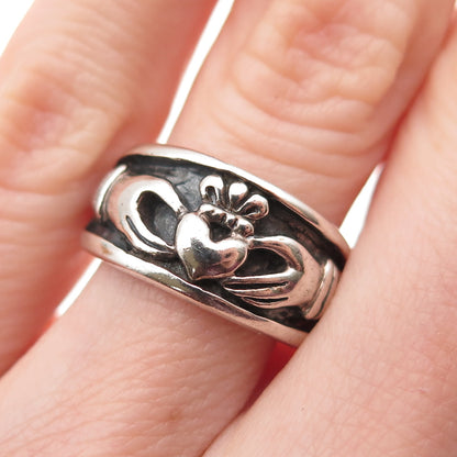 925 Sterling Silver Vintage Irish Claddagh Oxidized Ring Size 5.75