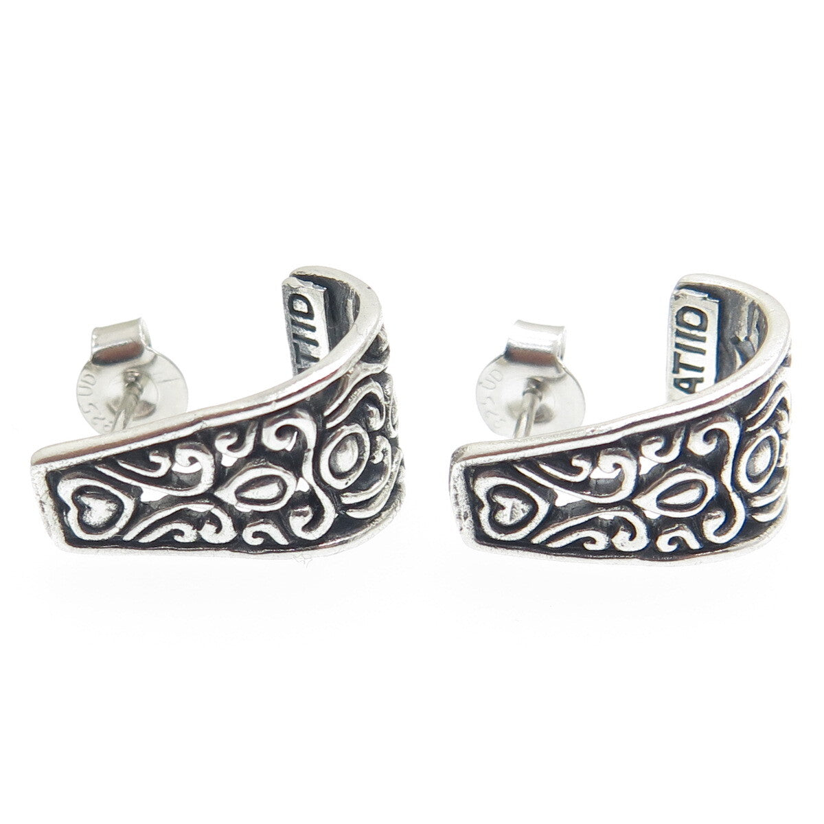925 Sterling Silver Vintage Ornate Heart Oxidized Earrings