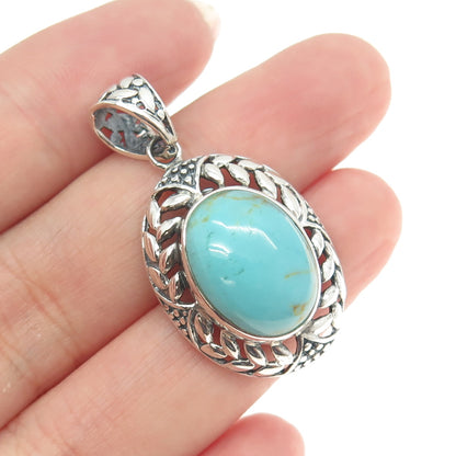 925 Sterling Silver Vintage Real Turquoise Laurel Floral Pendant