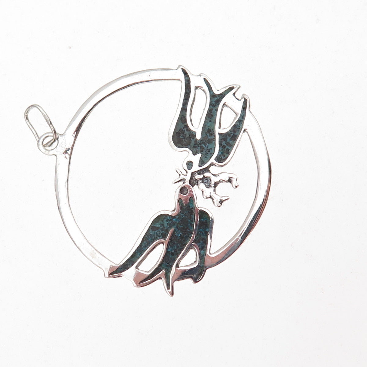 925 Sterling Silver Vintage Real Turquoise Inlay Two Swallow Birds Charm Pendant
