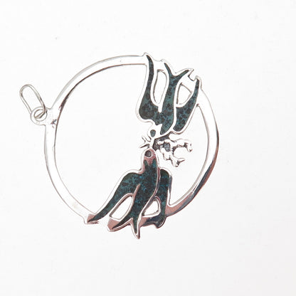 925 Sterling Silver Vintage Real Turquoise Inlay Two Swallow Birds Charm Pendant