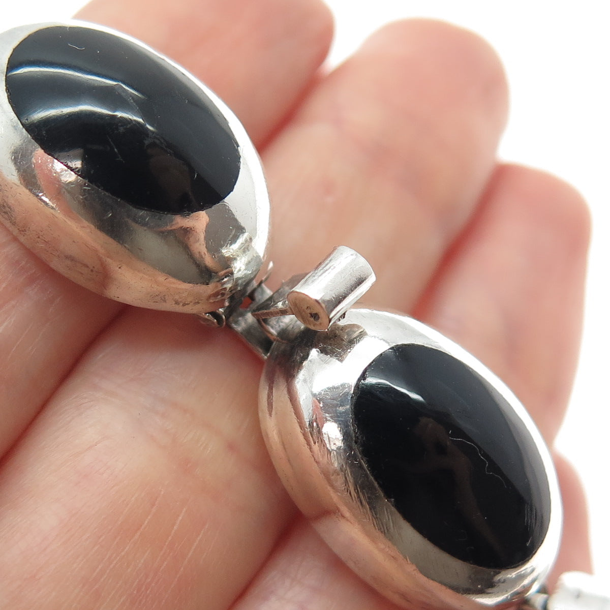 925 Sterling Silver Vintage Mexico Real Black Onyx Modernist Link Bracelet 6.5"