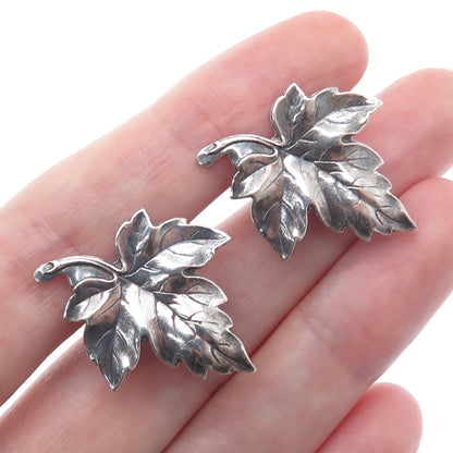 925 Sterling Silver Antique Art Deco Maple Leaf Oxidized Screw Back Earrings