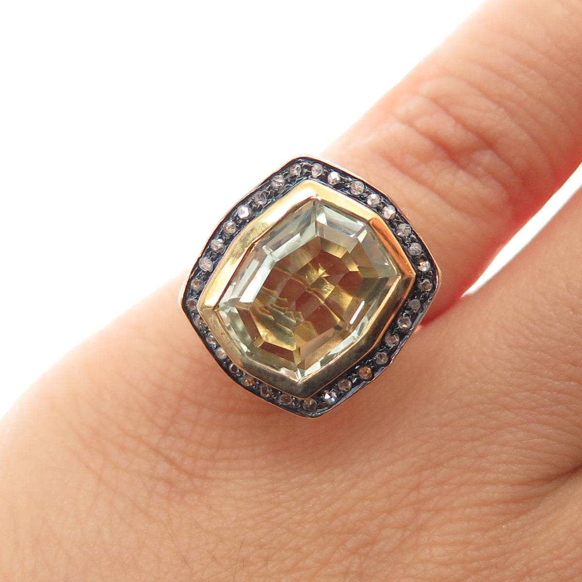 925 Sterling Silver Gold Plated Real Diamond & Green Amethyst Ring Size 4.75