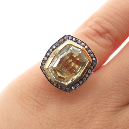 925 Sterling Silver Gold Plated Real Diamond & Green Amethyst Ring Size 4.75