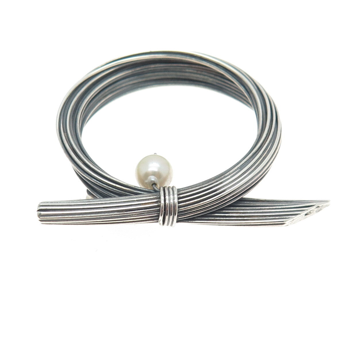 925 Sterling Silver Vintage Real Pearl Modernist Oxidized Pin Brooch