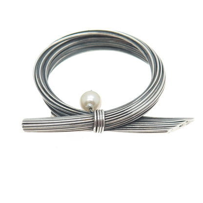 925 Sterling Silver Vintage Real Pearl Modernist Oxidized Pin Brooch