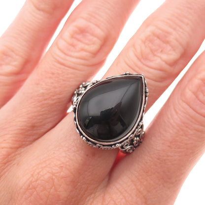 Suarti Bali 925 Sterling Silver Vintage Real Black Onyx Swirl Ring Size 7.25