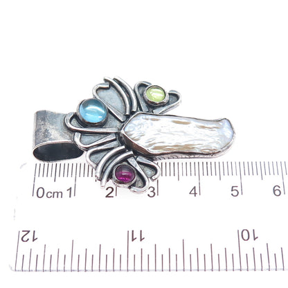 925 Sterling Silver Vintage Real Pearl Topaz Peridot Amethyst Modernist Pendant
