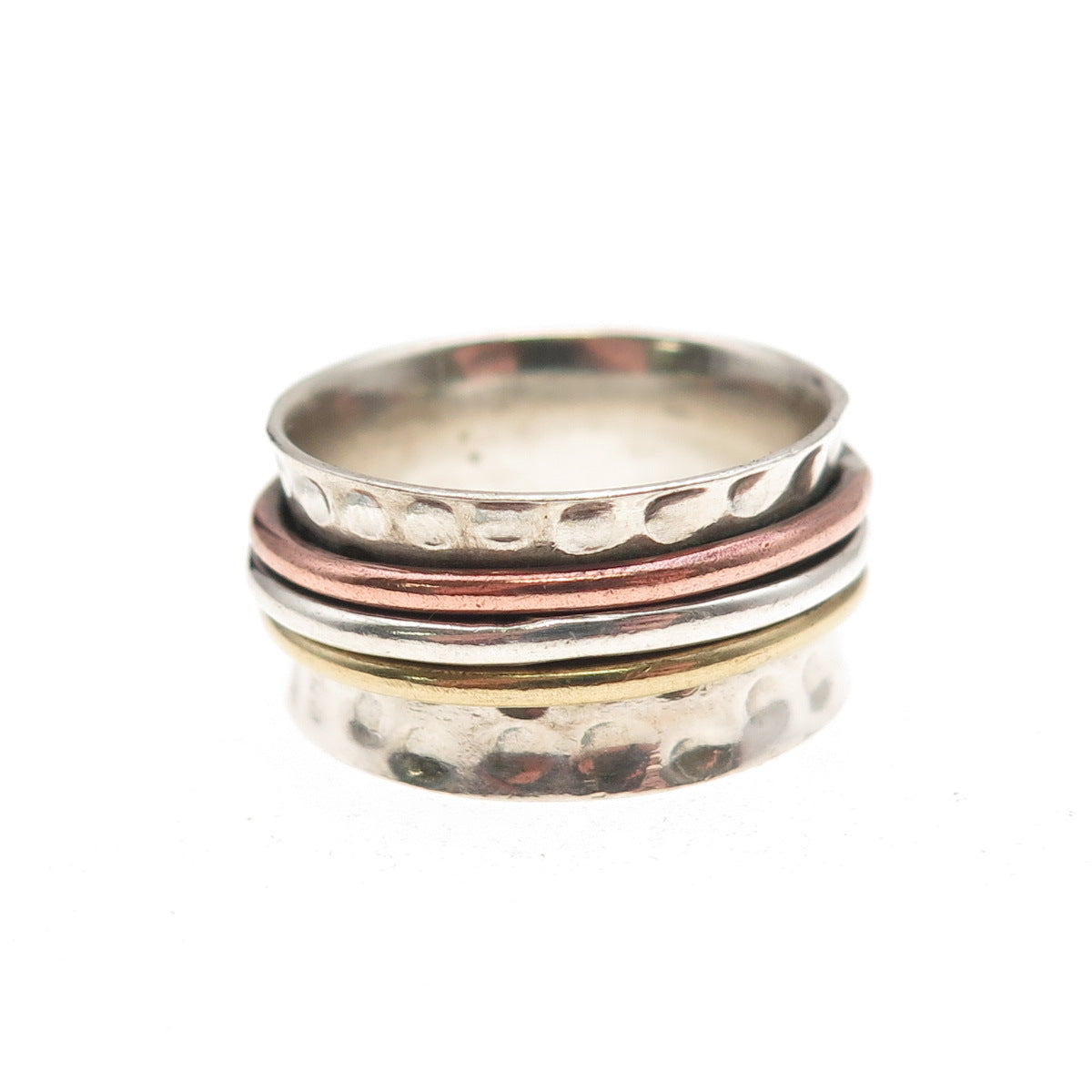 925 Sterling Silver 3-Tone Vintage Modernist Hammered Rotating Ring Size 7