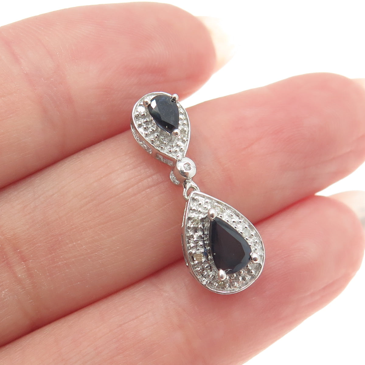 925 Sterling Silver Real Diamond & Sapphire Drop Dangling Slide Pendant