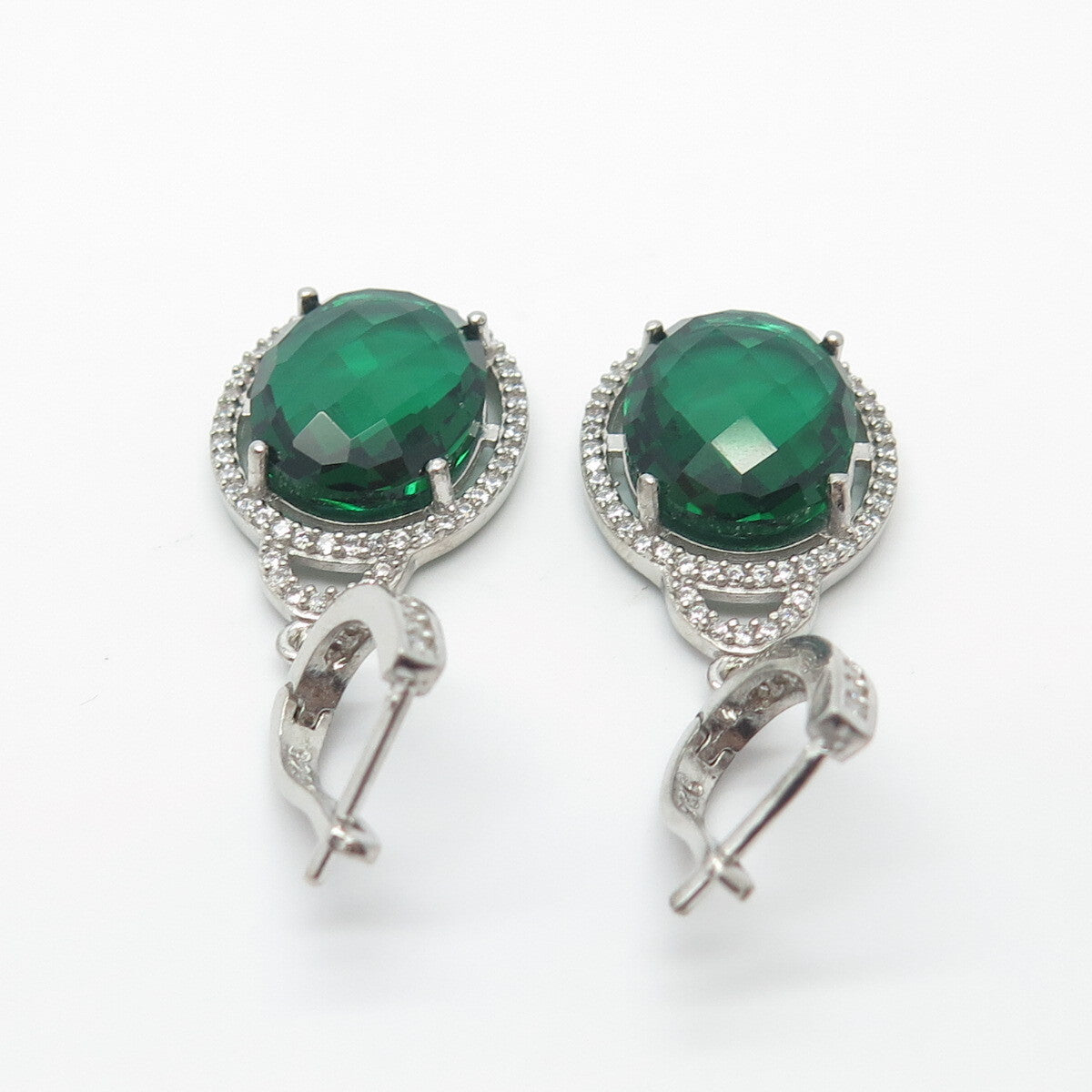 925 Sterling Silver White & Green C Z Dangling Earrings