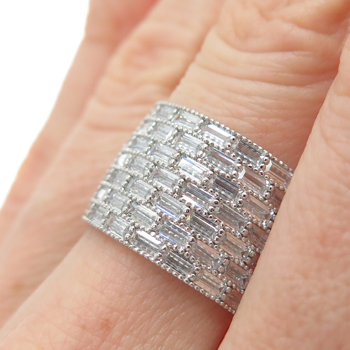 DSMK 925 Sterling Silver Baguette-Cut C Z Wide Band Ring Size 6.75