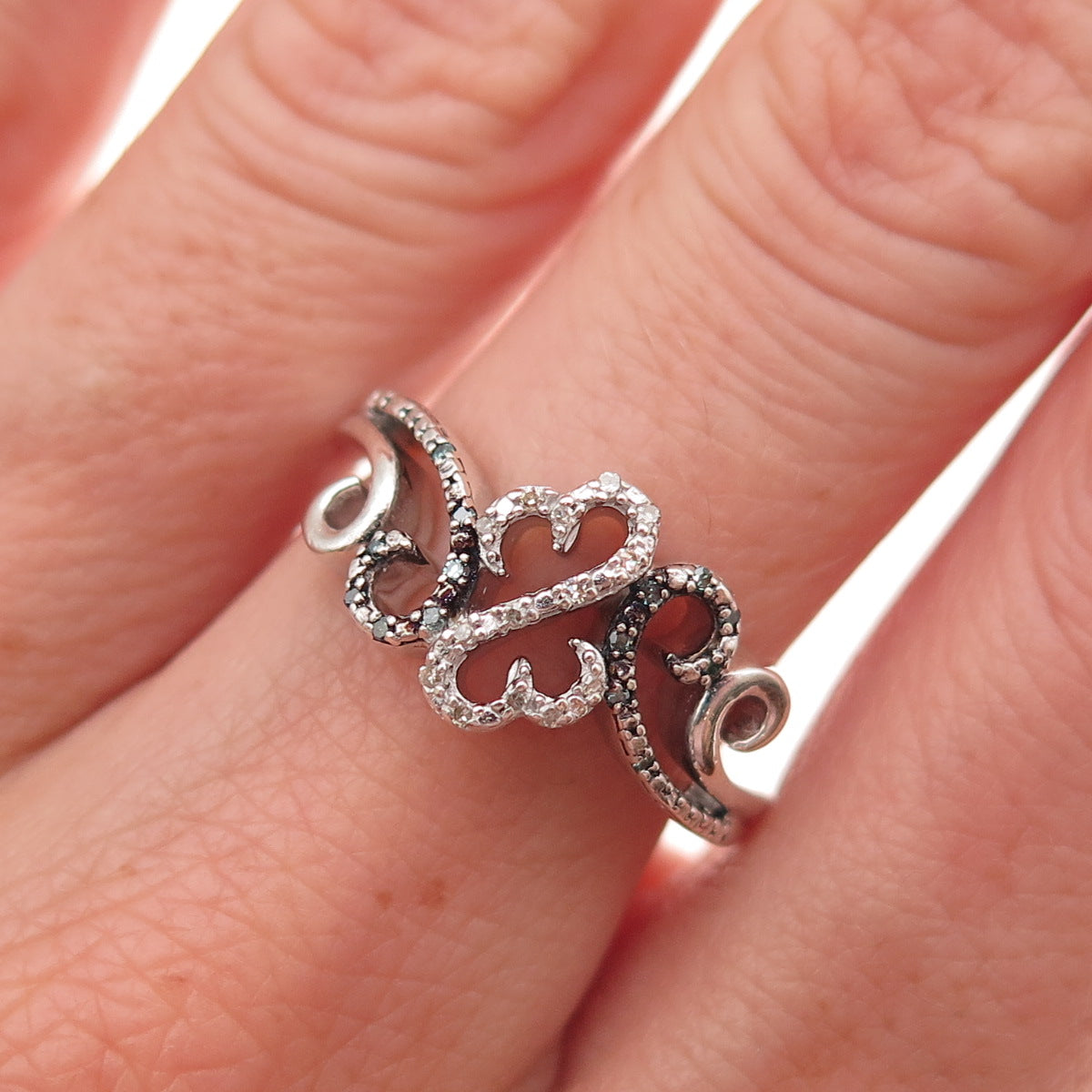 Jane Seymour 925 Sterling Silver Real Blue & White Diamond Heart Ring Size 6.75
