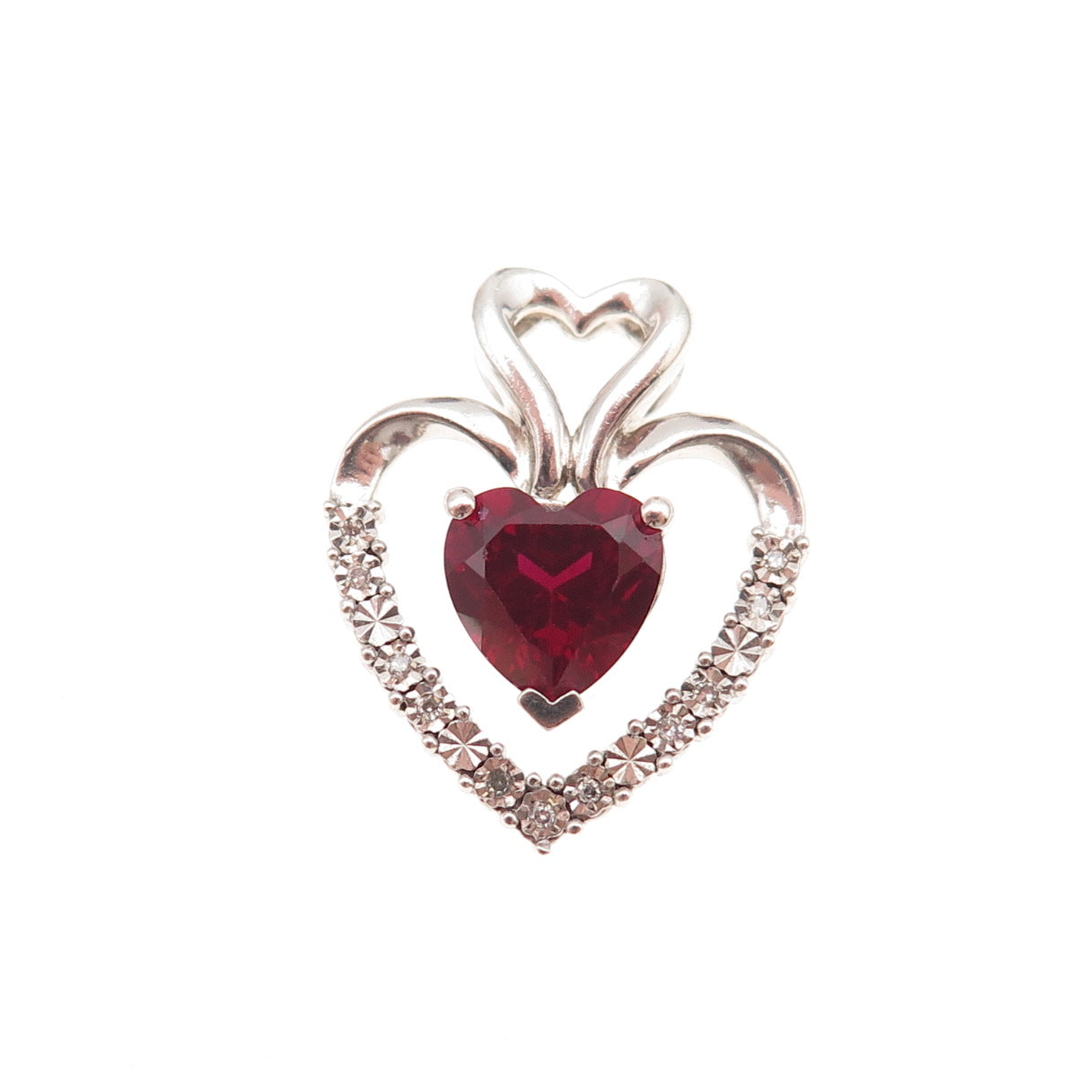 925 Sterling Silver Real Diamond & Lab-Created Ruby Heart Charm Pendant
