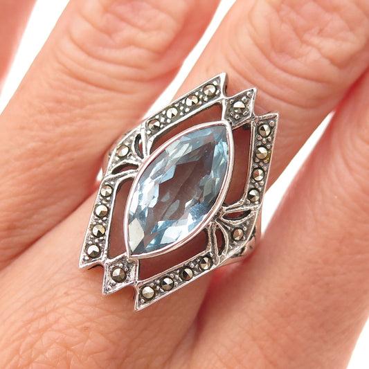 925 Sterling Silver Vintage Real Blue Topaz & Marcasite Oxidized Ring Size 9