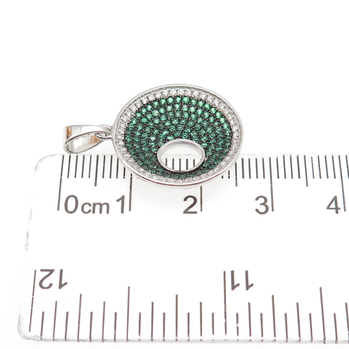 925 Sterling Silver Real Round-Cut Chrome Diopside & C Z Crescent Charm Pendant