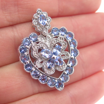 925 Sterling Silver Real Diamond & Tanzanite Heart Cluster Slide Charm Pendant