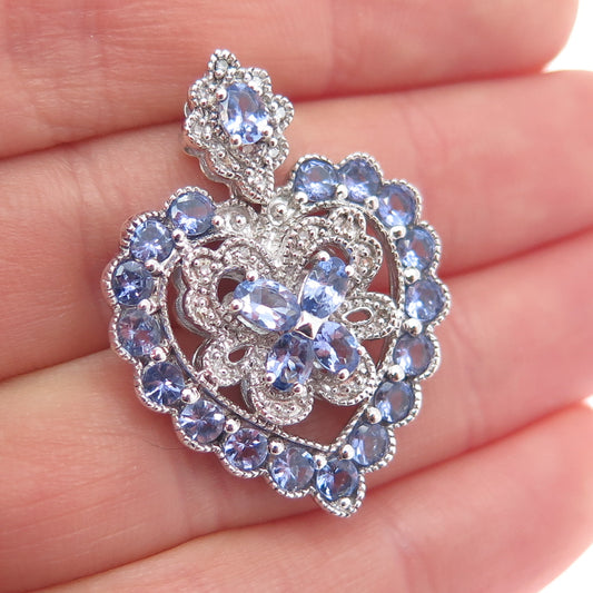 925 Sterling Silver Real Diamond & Tanzanite Heart Cluster Slide Charm Pendant