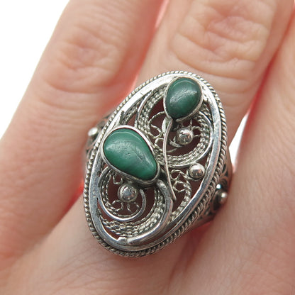 925 Sterling Silver Vintage Real Malachite Gem Filigree Oxidized Ring Size 9.25
