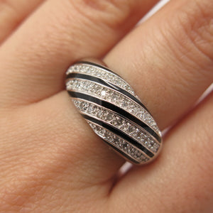 925 Sterling Silver Enamel Real White Diamond Striped Domed Ring Size 7.75"