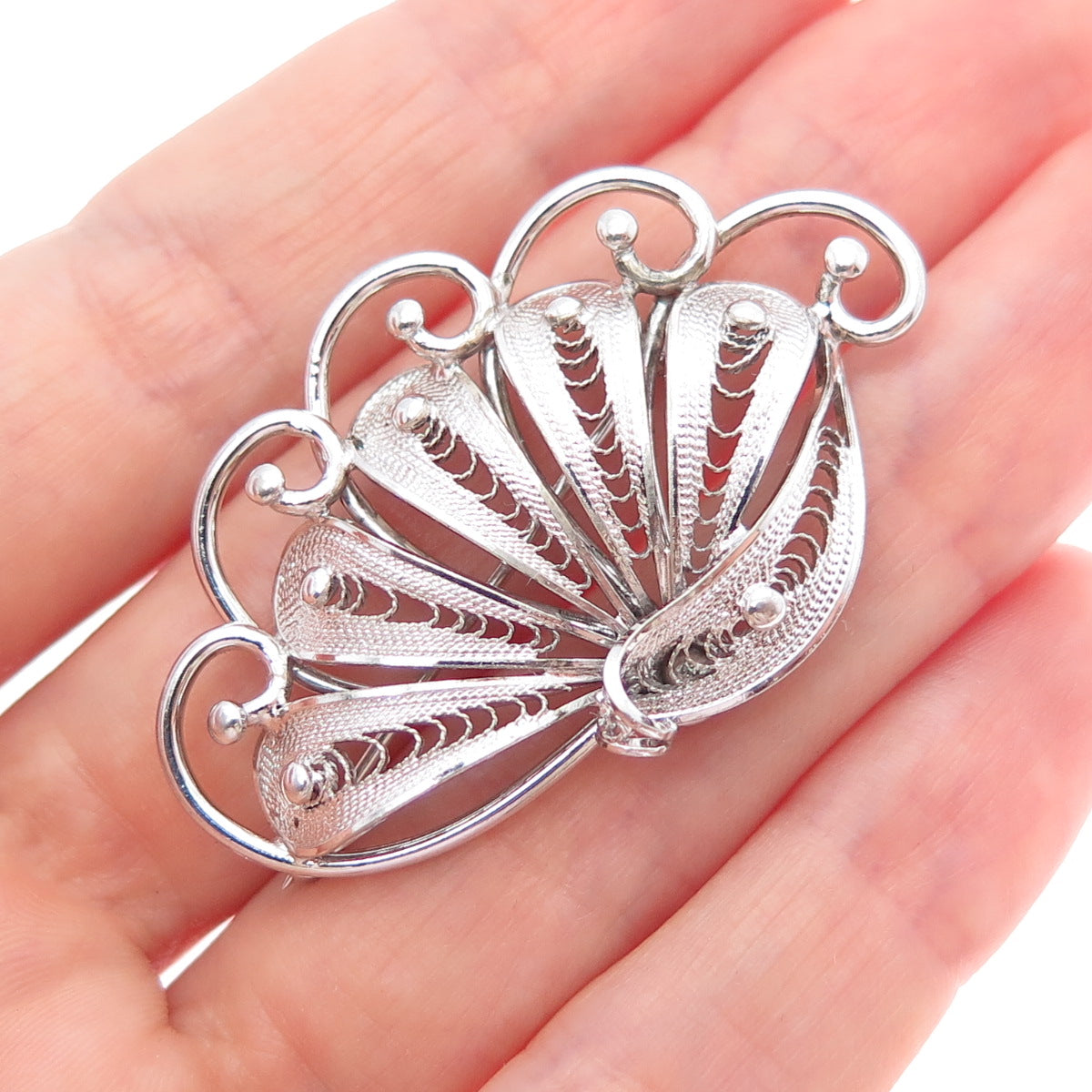 925 Sterling Silver Vintage Modernist Fan Filigree Pin Brooch