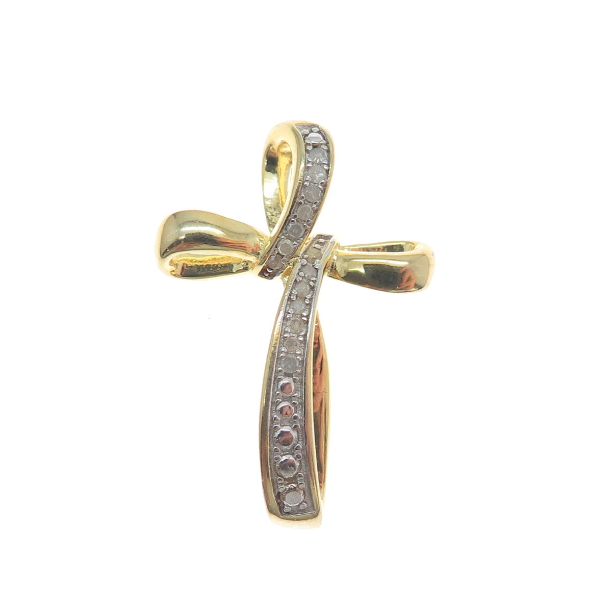 HAN 925 Sterling Silver Gold Plated Real Round-Cut Diamond Cross Mini Pendant